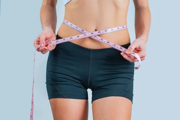 Diet Weight Loss Concept Woman Measuring Her Waist Measure Tape — Stock Photo, Image