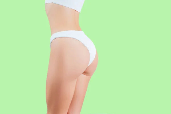 Smal Kvinna Kropp Vacker Kvinna Visar Perfekta Skinkorna Underkläder Pastell — Stockfoto