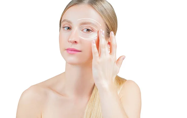 Tratamento anti-envelhecimento e levantamento de rosto, mulher bonita com pele perfeita com ou setas ao redor dos olhos — Fotografia de Stock