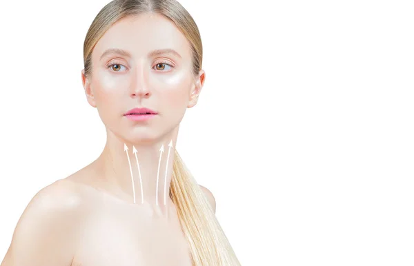 Tratamiento antienvejecimiento y lifting facial. Hermosa mujer con piel perfecta con flechas en el cuello — Foto de Stock