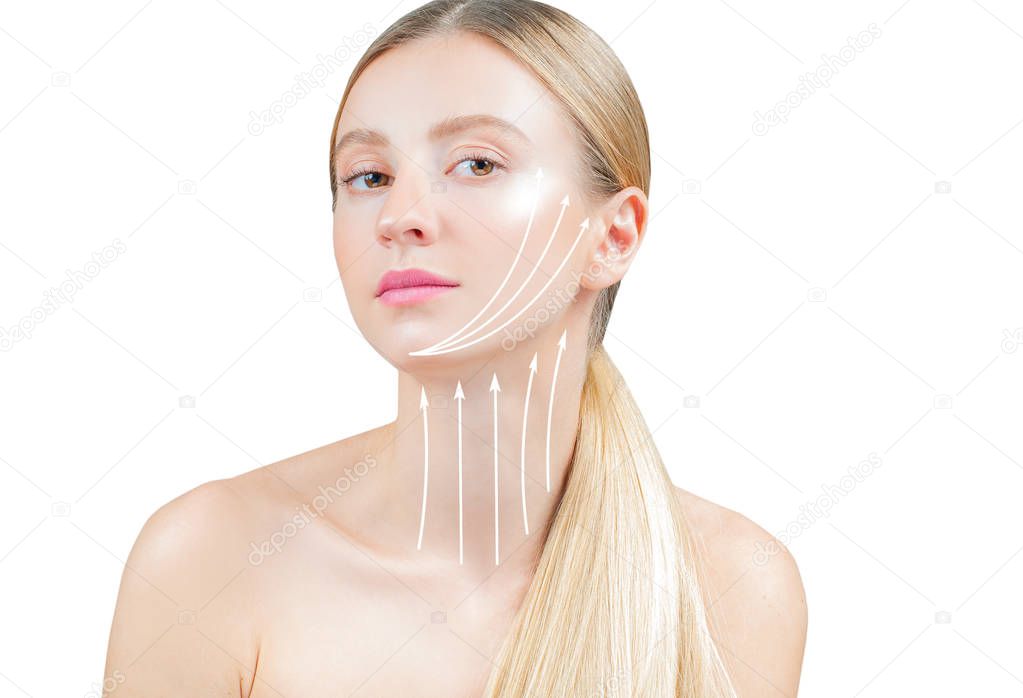 Anti-aging treatment and face lifting. Beautiful woman with perfect skin  with arrows on neck