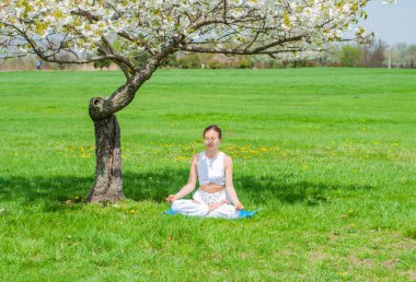 Güzel kadın çiçek ağacıyakınında Lotus poz oturan yoga pratik 