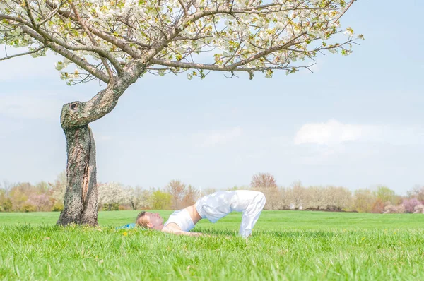 O tânără practică yoga lângă copac în parc . — Fotografie, imagine de stoc