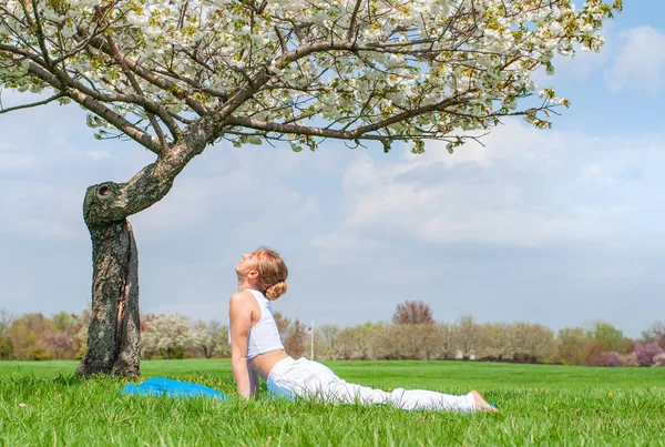 Femeia tânără practică yoga, face exerciții Cobra, pozează Bhujangasana — Fotografie, imagine de stoc