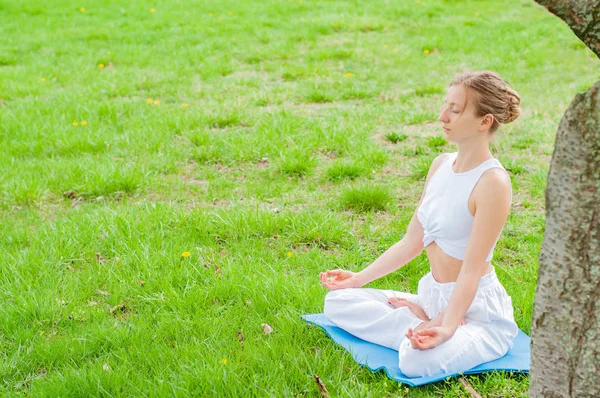 Hermosa mujer está practicando yoga sentada en pose de loto sobre hierba —  Fotos de Stock