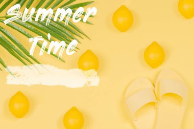 Limon, sandalet ve yeşil tropikal palmiye yaprağı ile sarı arka plan üzerinde Summer Time metin.