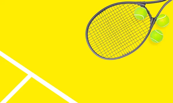 黄色の背景にテニスラケットとボール — ストック写真
