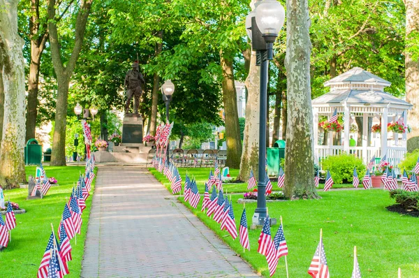 Banderas estadounidenses extendidas en el césped del parque público como parte de la celebración del Día de los Caídos . — Foto de Stock