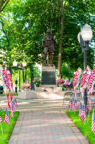 Banderas estadounidenses extendidas en el césped del parque público como parte de la celebración del Día de los Caídos . — Foto de Stock