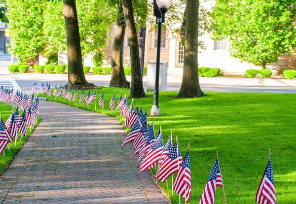 Banderas estadounidenses extendidas en el césped del parque público como parte de la celebración del Día de los Caídos . — Foto de Stock