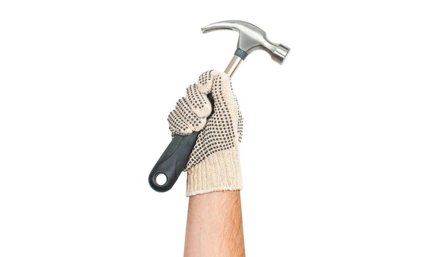 Herramienta. La mano en el guante sostiene el martillo sobre un fondo blanco  . —  Fotos de Stock