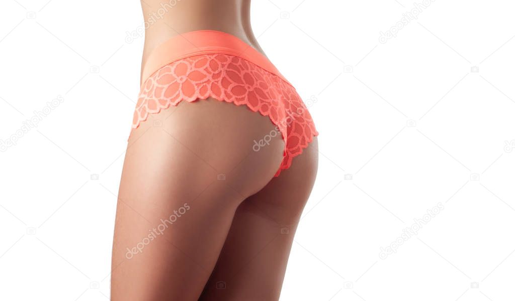 Body care and anti cellulite massage. Perfect female buttocks without cellulite in panties. Beautiful woman's butt in underwear.