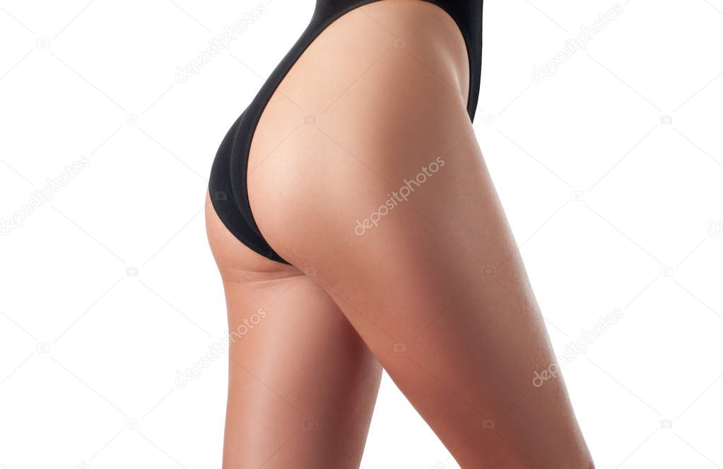 Body care and anti cellulite massage. Perfect female buttocks without cellulite in panties. Beautiful woman's butt in underwear.