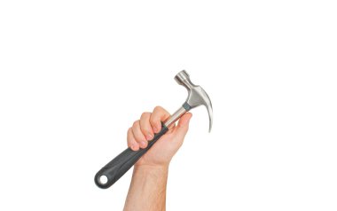 Aracı. El, beyaz bir arka planda çekiç tutuyor . 