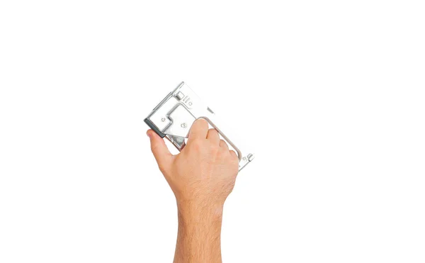 Tool. Hand is holding industrial stapler on a white background . — Stock Photo, Image