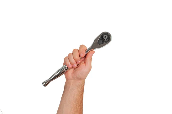 Tool. Hand is holding socket wrench on white background . — Stock Photo, Image