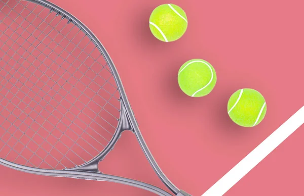 Tenis raket ve pembe arka plan üzerinde top sporları — Stok fotoğraf