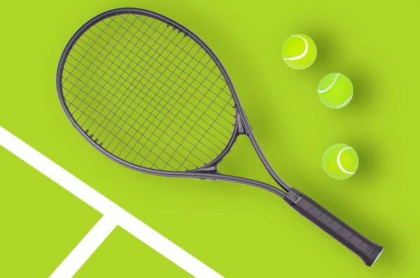 Yeşil arka planda tenis raket ve top sporları — Stok fotoğraf