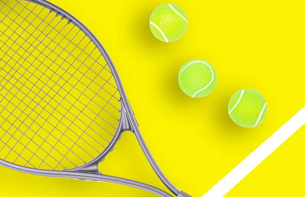 Sarı arka planda tenis raket ve top sporları — Stok fotoğraf