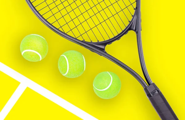 Tennis racket en balsporten op gele achtergrond — Stockfoto