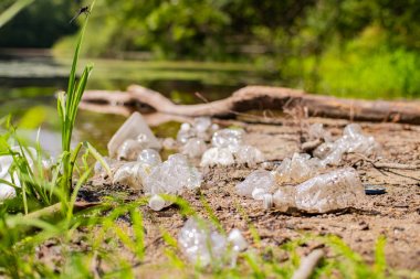Çöp ve nehirde plastik şişeler kullanılmış. Gölün yanındaki çöpler. Çevre kirliliği. Ekolojik