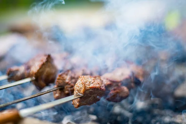 Grilled shish kebab on skewer. Roasted beef meat cooked at barbecue. Traditional eastern dish shashlik. — Stock Photo, Image