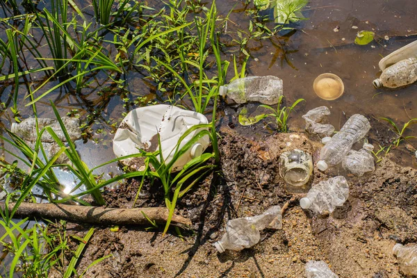 川のゴミやペットボトルを使いました。湖の近くのゴミ。環境汚染生態 学 的 — ストック写真