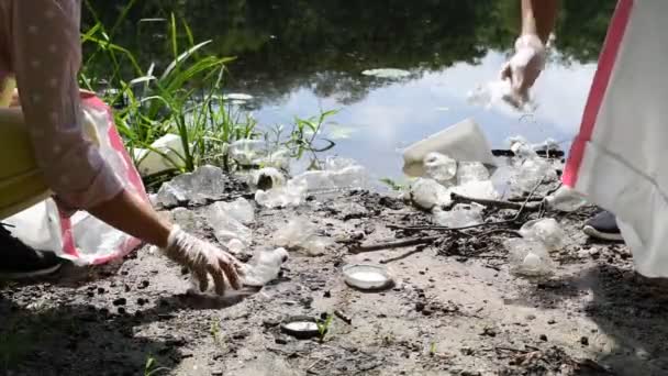 Wolontariusze Sprzątający Śmieci Pobliżu Rzeki Kobiety Zbierając Plastikowe Butelki Jeziorze — Wideo stockowe