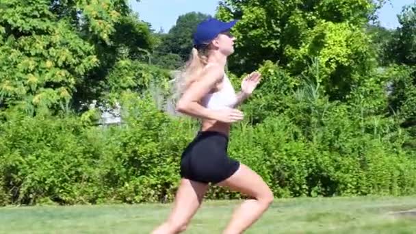 年轻女子正在慢跑进行有氧运动 有吸引力的运动女人在公园运行在慢动作 — 图库视频影像
