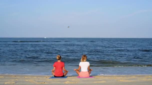 Jovens Mulheres Praticando Ioga Praia Calma Pôr Sol Meninas Meditando — Vídeo de Stock