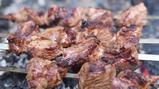 Grilled Shish Kebab Skewer Slow Motion Roasted Beef Meat Cooked — Stock Video