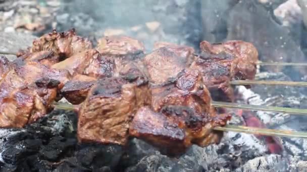 串のスローモーションで焼いたシシケバブ バーベキューで調理したローストビーフ肉 伝統的な東洋料理のシャシュリク — ストック動画