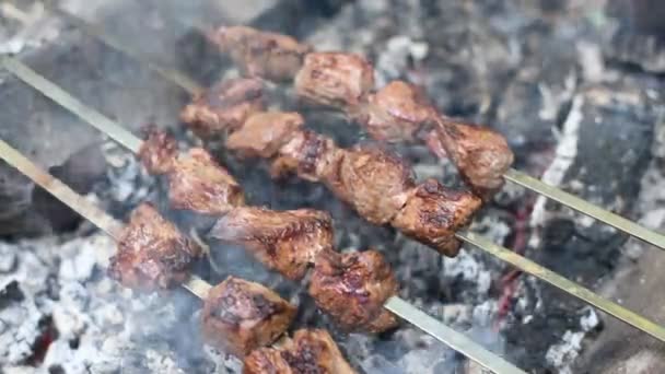 Shish Kebab Grigliato Allo Spiedo Rallentatore Carne Arrosto Manzo Cotta — Video Stock