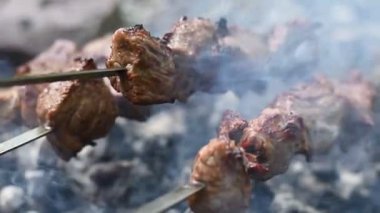 Şiş yavaş hareket üzerine ızgara şiş kebap. Mangalda pişmiş kızarmış sığır eti. Geleneksel Doğu çanak şaşlık.