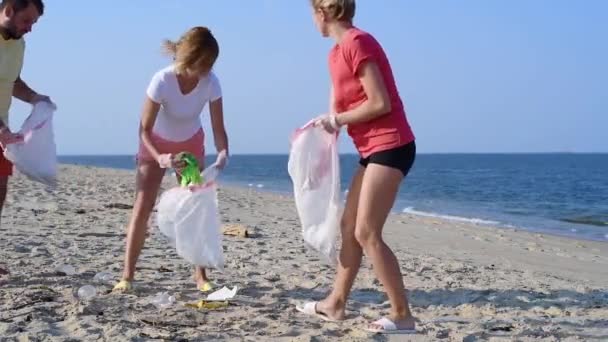Grupp Frivilliga Städa Upp Strandlinjen Människor Höjer Och Kastar Plastflaska — Stockvideo