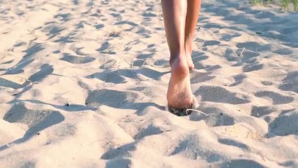 女性はスローモーションで砂浜に裸足で走ります 暑い夏の日に女性の足が砂の上を走っている — ストック動画