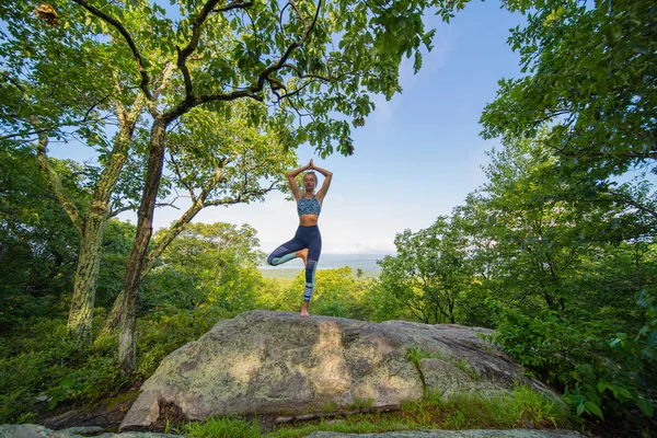 Femeia tânără care practică yoga în picioare în copac pozează în aer liber armonie cu natura . — Fotografie, imagine de stoc