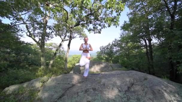 Young Woman Practicing Yoga Beautiful Exotic Place Top Mountain Slow — Stock Video