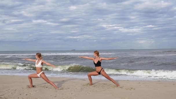 Jonge Vrouwen Beoefenen Yoga Het Strand Slow Motion Mooie Meiden — Stockvideo