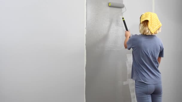 Femme Décorer Nouvel Appartement Peignant Mur Avec Des Rouleaux Belle — Video