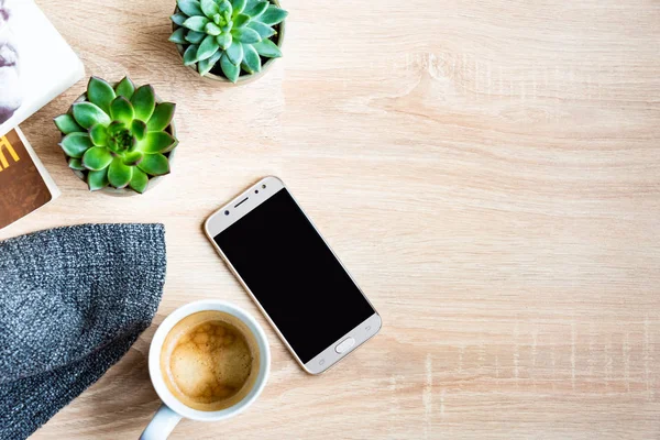 Blick von oben auf die gemütliche Heimatszene. Bücher, Wolldecke, Tasse Kaffee, Telefon und saftige Pflanzen vor Holzuntergrund. Kopierraum, Attrappe. — Stockfoto