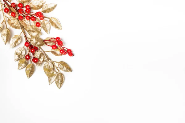 Arany Fagyöngy Levél Fehér Háttér Felett Karácsonyi Téma Fénymásolási Hely Stock Kép