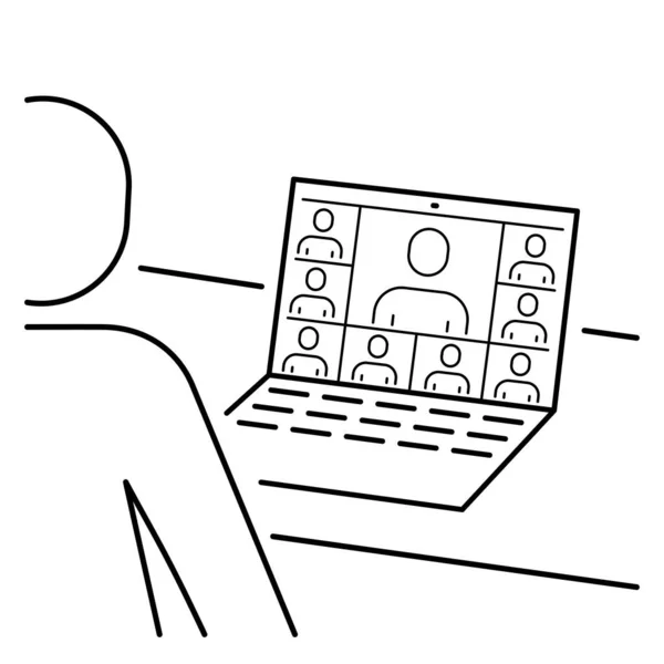 Um ícone simples de uma pessoa em um laptop que se comunica com muitas pessoas via link de vídeo no modo de conferência —  Vetores de Stock