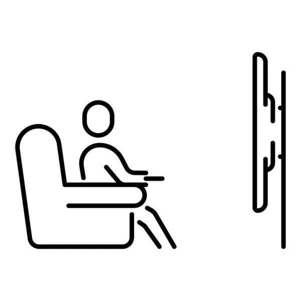 Um ícone linear simples com uma pessoa assistindo TV inteligente sentada em casa no sofá . —  Vetores de Stock