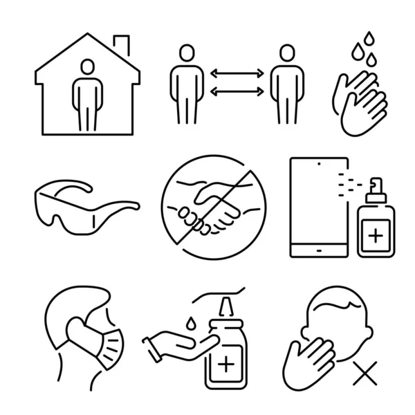 Un conjunto de iconos simples para la prevención del coronavirus . Vector de stock