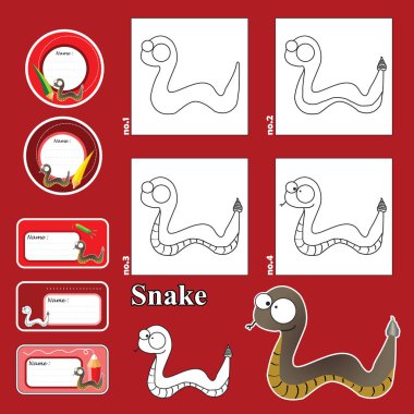 Adım adım öğretici çizim. Kids.funny hayvanlar ve Etiketler ve Etiketler için görsel oyun. Nasıl komik bir yılan basit adımda çizmek, komik hayvanlar vektör, vektör grafik tasarım için çocuklar için bir hayvan çizmek için nasıl kullanmayı öğretmek bir yılan, beraberlik için