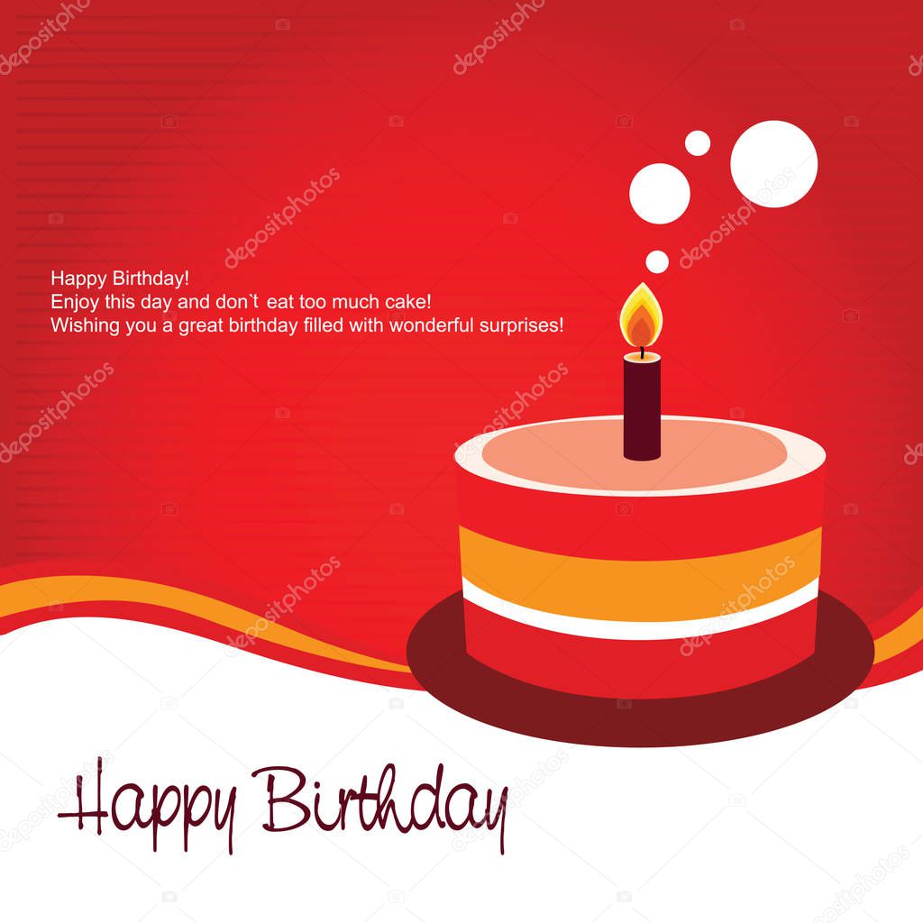 vector birthday greeting card with cake and candle, vector happy birthday card