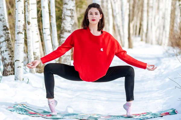 Yoga na neve. Menina praticando ioga no parque. Época do ano inverno. Árvores cobertas de neve . — Fotografia de Stock