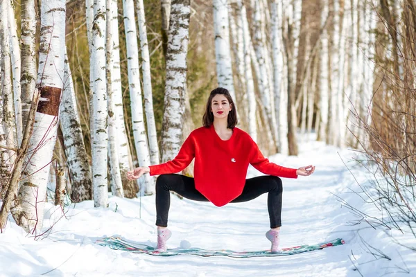 Yoga na neve. Menina praticando ioga no parque. Época do ano inverno. Árvores cobertas de neve . — Fotografia de Stock