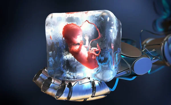 Ілюстрація Кріоконсервованого Плоду Замороженого Кубик Льоду Утримуваного Роботизованою Рукою — стокове фото